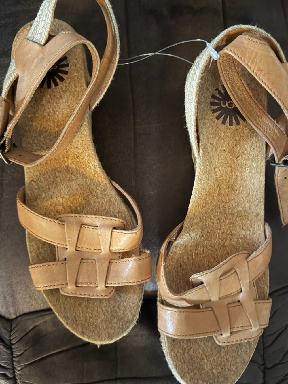 UGG Women’s Tan Leather Strappy Cork Sole Wedges